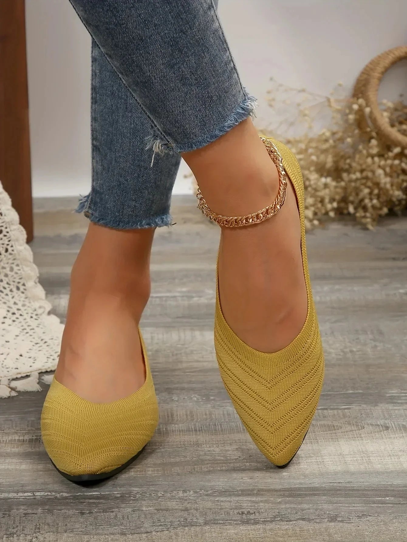 New 2024 Pointed Toe Flat Office Boat Solid Color Knitted GlowCart