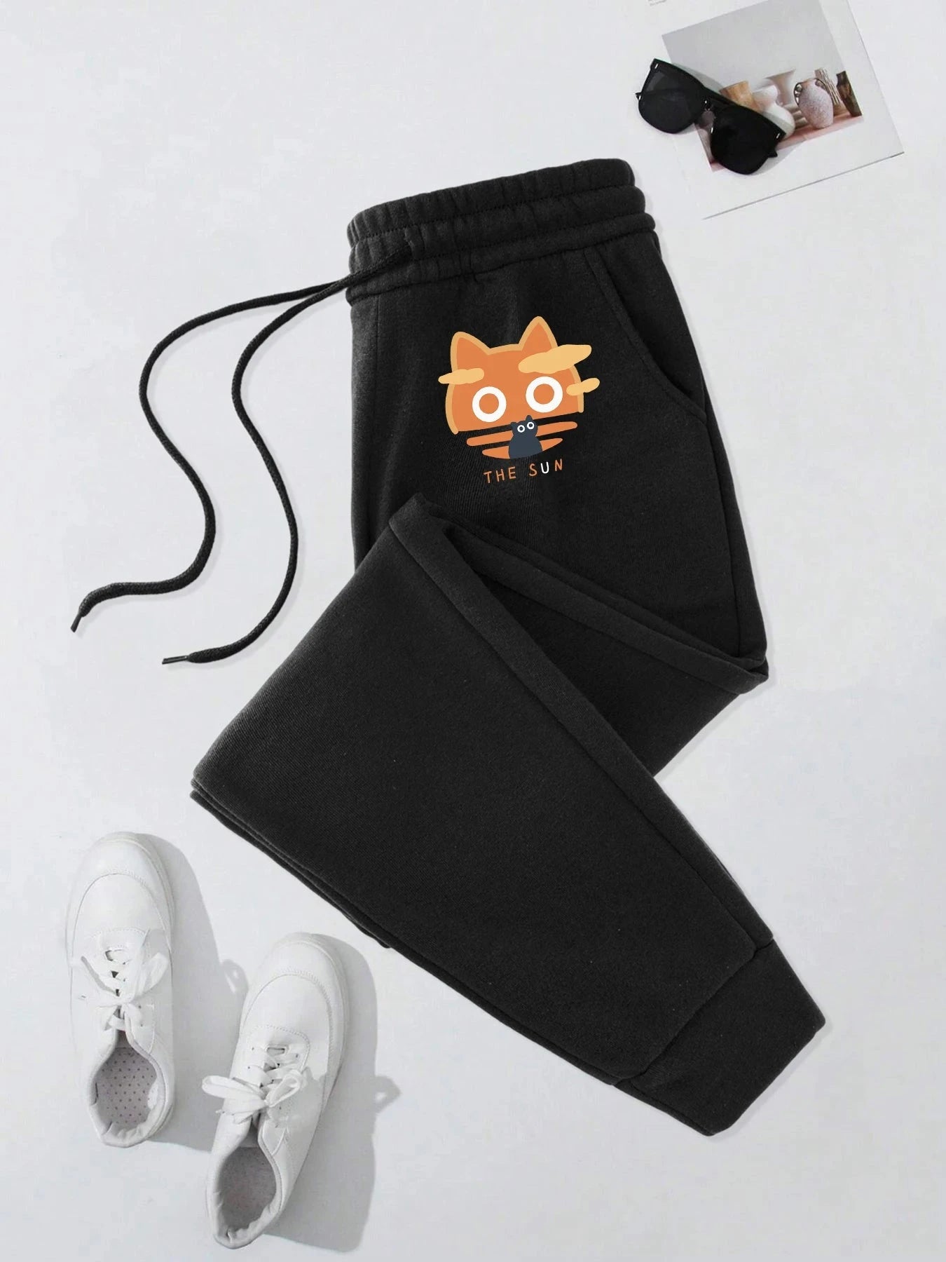 The Sun Cat Print Men Warm Elastic Waist Sweatpants Casual GlowCart