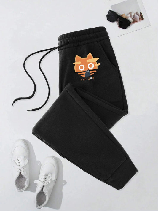 The Sun Cat Print Men Warm Elastic Waist Sweatpants Casual GlowCart