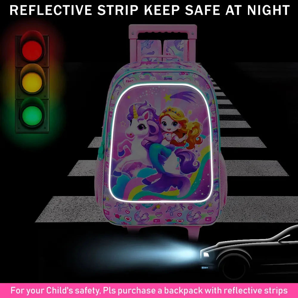 4PCS Rolling Bookbag for Girls, Cute Kids Mermaid Wheeled Backpack，Unicorn Roller School Bag with Wheels for Elementary Preschoo GlowCart