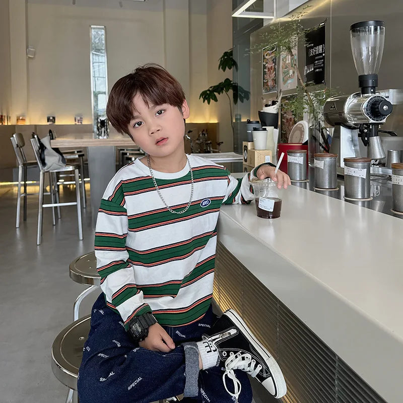 2025 autumn Children Clothes Girls Long Sleeves Bottoming Shirts Cool Boys Stripe Cotton T-shirt Teen Loose Casual 2-7y Kids Top GlowCart