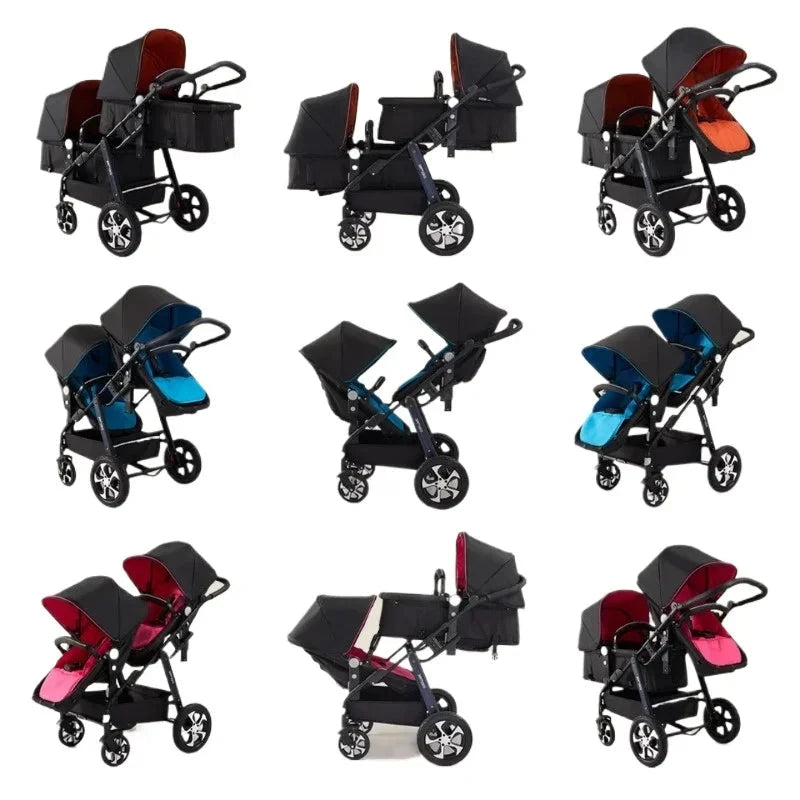 New Twins Baby Stroller Foldable Double Baby Stroller for Two Children Shock-absorbing Twin Baby Stroller Four Wheel Cart GlowCart