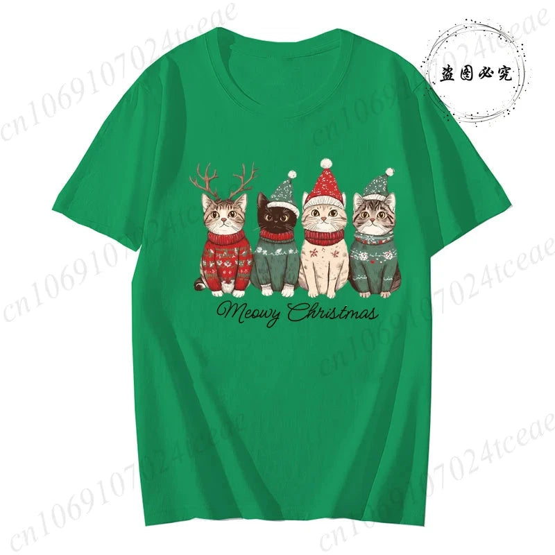 Meowy Christmas Cat Print Women Fashion T Shirt Girl O Neck GlowCart