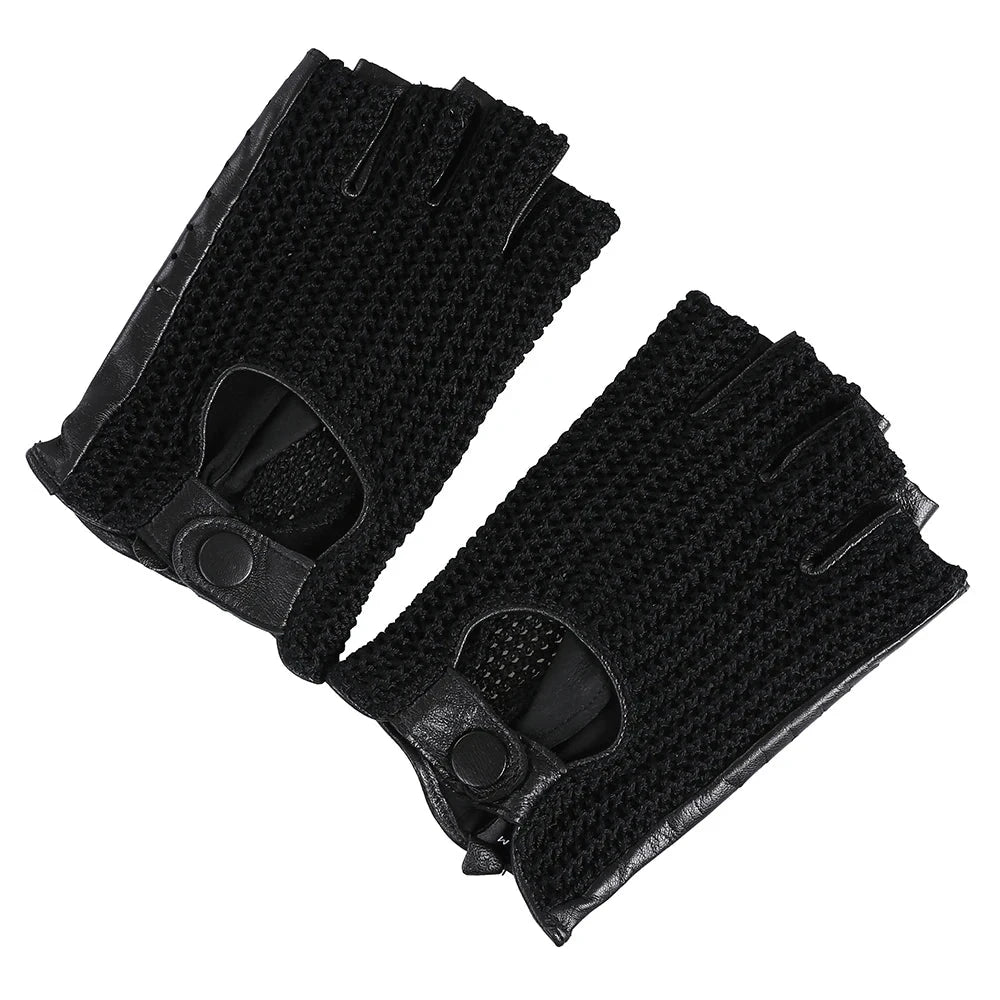 Men's Genuine Leather Driving Gloves motorcycle Fingerless Glove Sheepskin With Cotton Crochet GlowCart