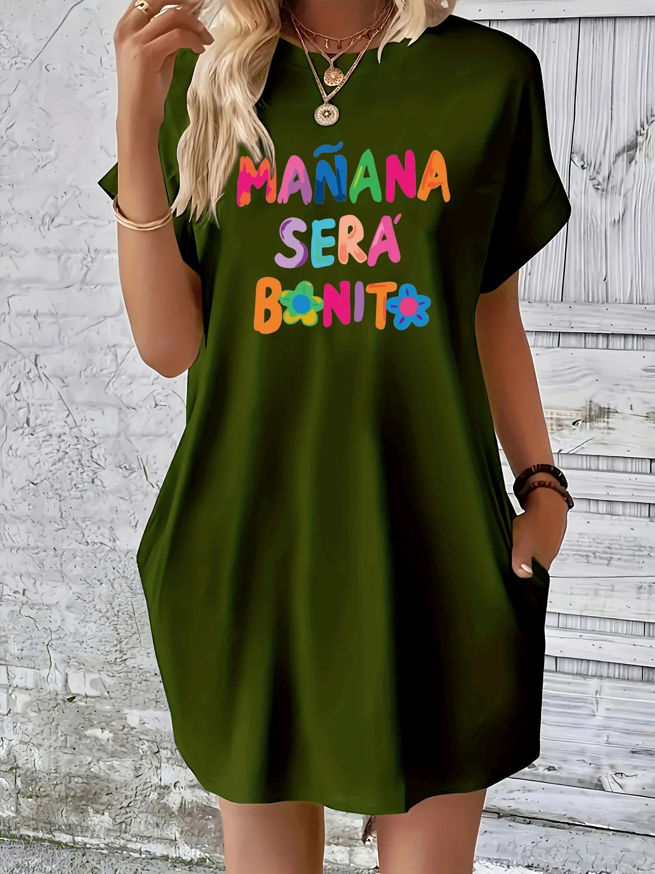 Women's MANANA letter print loose short sleeved round neck pocket summer Women's Dress Casual plus size casual dress GlowCart