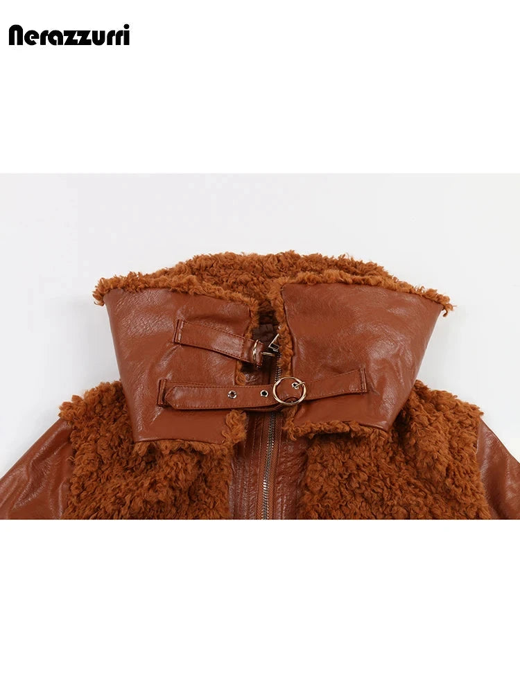 Nerazzurri Autumn Winter Chic Warm Pu Leather Patchwork Faux GlowCart