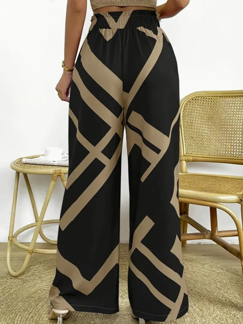 Geometric Pattern Print Wide Leg Pants Casual Loose Bow