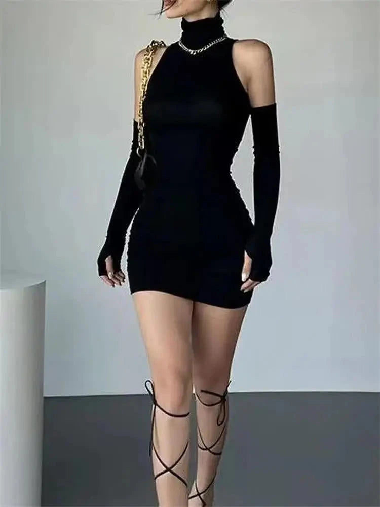 Ruched Bodycon Dress Women Turtleneck Mini Dresses With GlowCart