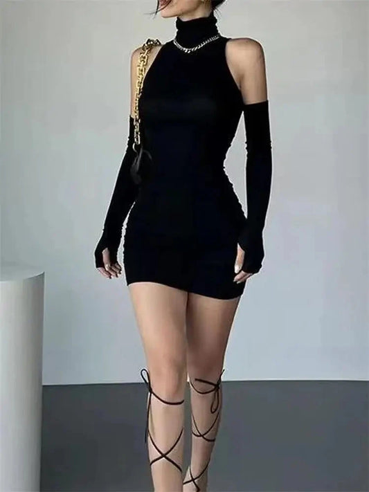 Ruched Bodycon Dress Women Turtleneck Mini Dresses With GlowCart