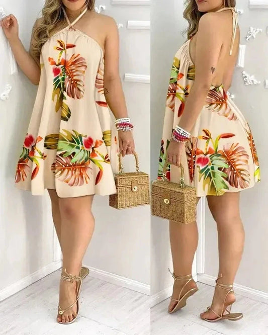 Tropical Print Halter Neck Dress, Vacation Style Backless GlowCart