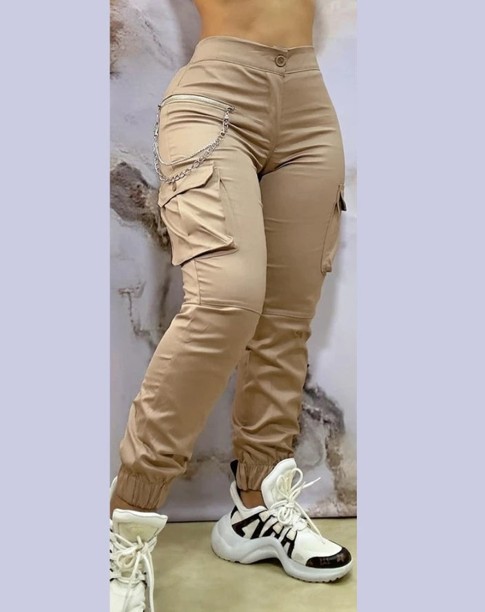 Women's Pants Autumn Winter Fashion Casual Work Pants Chain Decor Pocket Design Cuffed Cargo Pants GlowCart