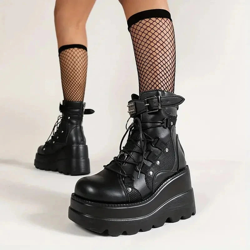 Women's Goth Cosplay Wedge Combat Ankle Boots Fashion GlowCart
