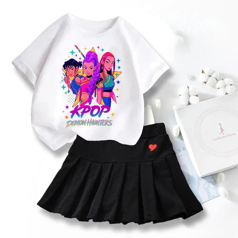 New K Pop Demon Hunters T-shirts Skirt Set Kawaii Cartoon Graphic T-shirt Kids Casual Short Sleeves Tops Summer Girl Clothes GlowCart