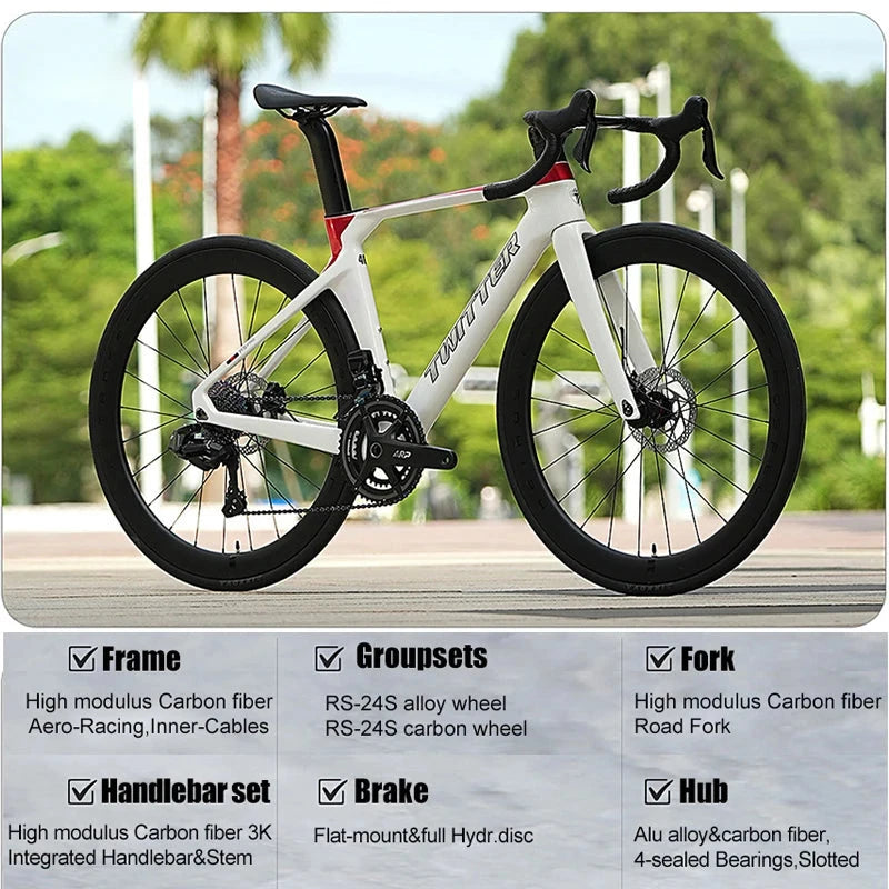 Twitter 700X28C Sensah 24 Speed Carbon Road Bike Hydraulic Disc Racing Bicycle With 50mm Carbon Wheelset inner Cables For Adults GlowCart