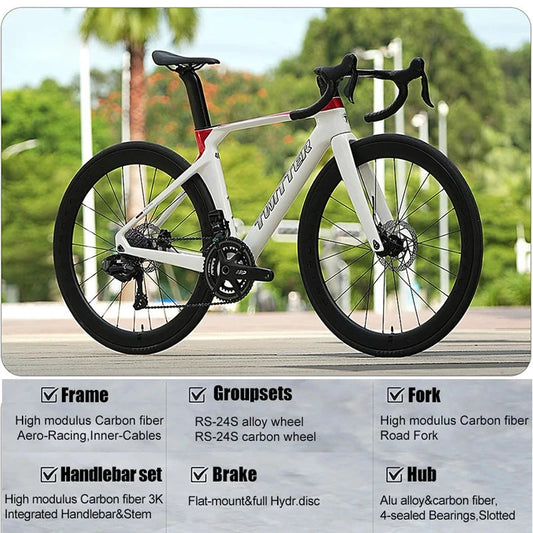 Twitter 700X28C Sensah 24 Speed Carbon Road Bike Hydraulic Disc Racing Bicycle With 50mm Carbon Wheelset inner Cables For Adults GlowCart