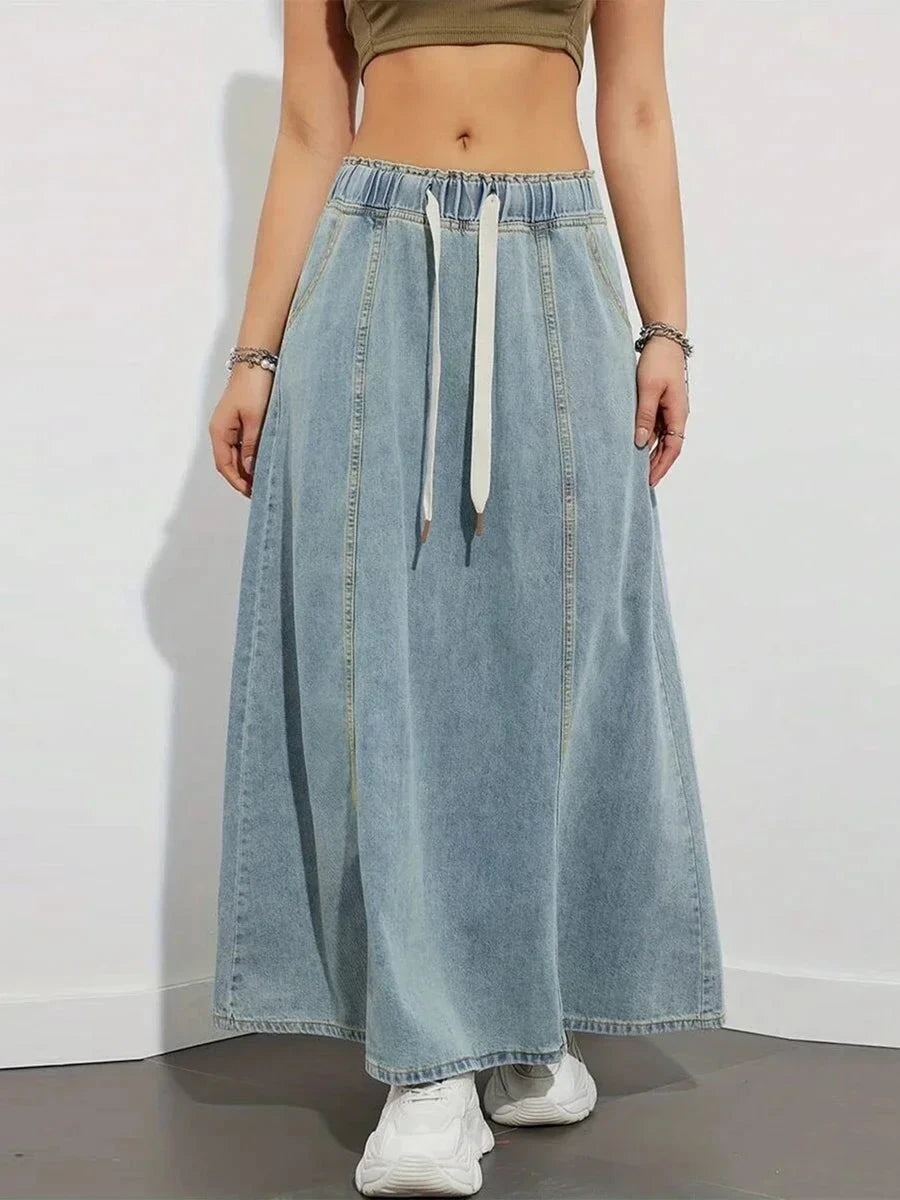 Harajuku Denim Skirt y2k Aesthetic Elastic Drawstring High Waist A Line Flare Jean Skirt Ladies Vintage Skirts Streetwear GlowCart