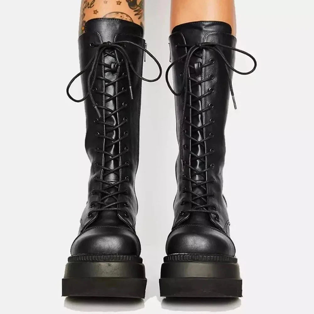 DoraTasia Black Gothic Fashion Round Toe Side Zipper Lace Up GlowCart