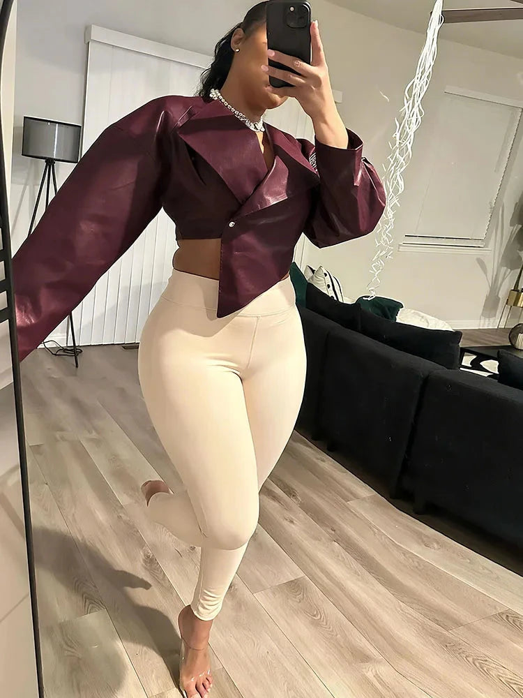 Sisterlinda Faux Leather Single Button Crop Jacket Women GlowCart