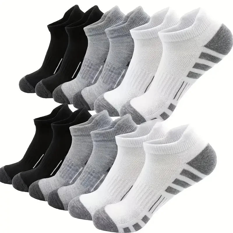 12Pairs Men Black White Grey Towel Bottom Sweat Absorbent Anti Odor Breathable Non Slip Ear Loop Short Socks For Running Sport GlowCart