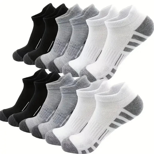 12Pairs Men Black White Grey Towel Bottom Sweat Absorbent Anti Odor Breathable Non Slip Ear Loop Short Socks For Running Sport GlowCart