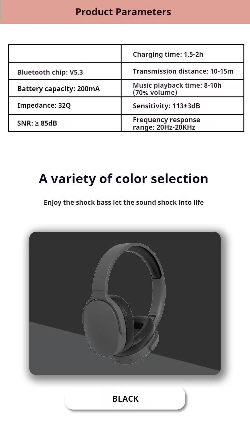 Original P2961 Bluetooth 5.3 Headphone Gaming Wireless Foldable Headset HiFi Powerful Bass Earphones Built-in Mic GlowCart