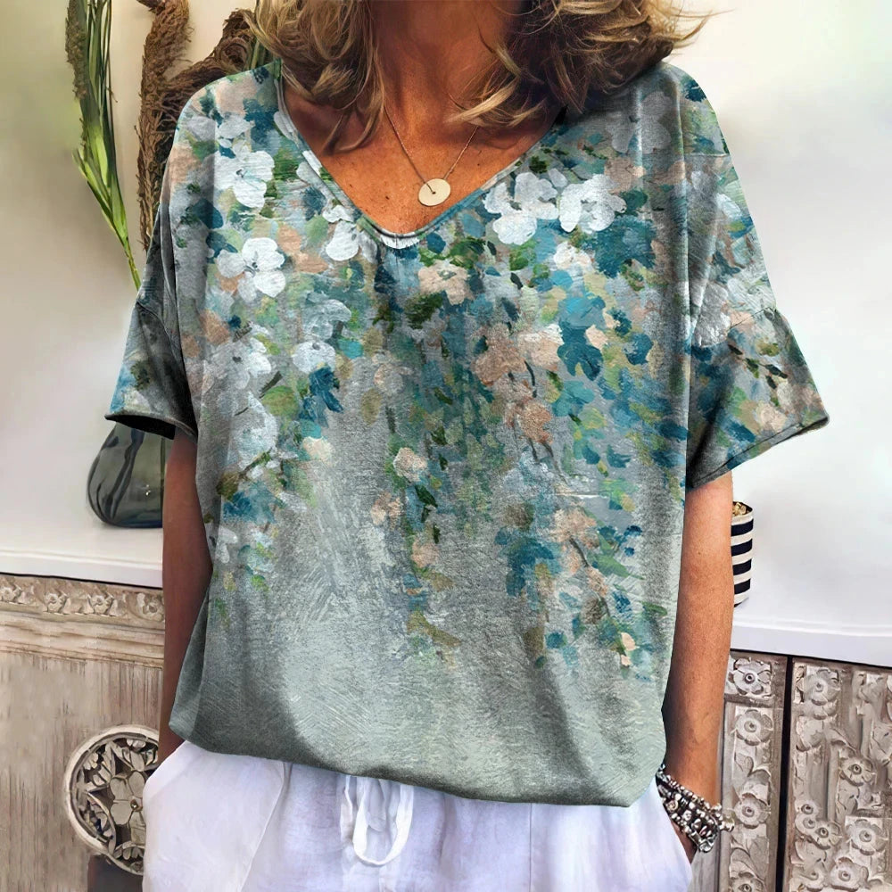 Women's T Shirts V-neck 3d Art Print Tops Loose Short Sleeve GlowCart