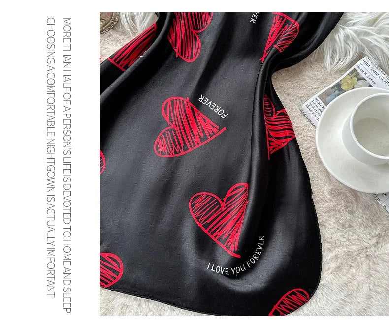 Valentine's Day Red Lip Print Satin Slip Nightdress V Neck GlowCart