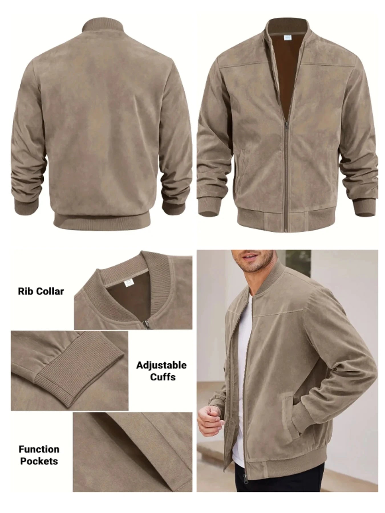 Men's suede nap fabric casual jacket Round neck zipper Solid GlowCart