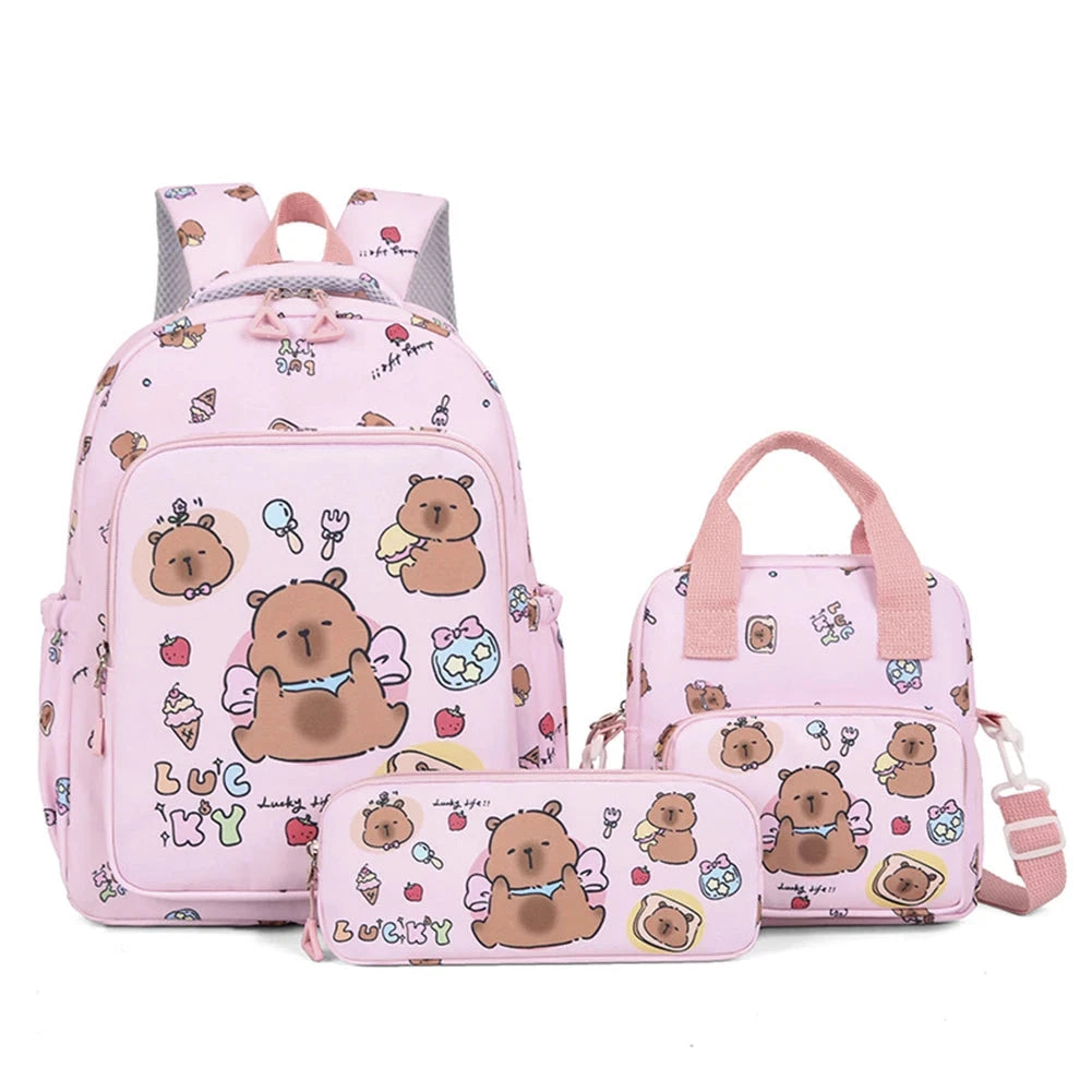 3in1 School Backpack Set Nylon Cute Bookbag Going Out Cartoon Laptop Travel Bag Breathable Back Large Capacity Cute Capybara Bag GlowCart