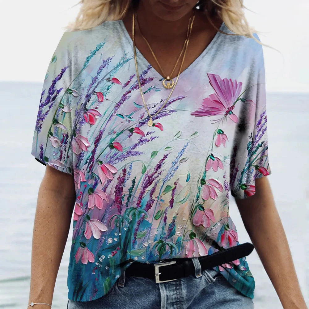 Women's T Shirts V-neck 3d Art Print Tops Loose Short Sleeve GlowCart