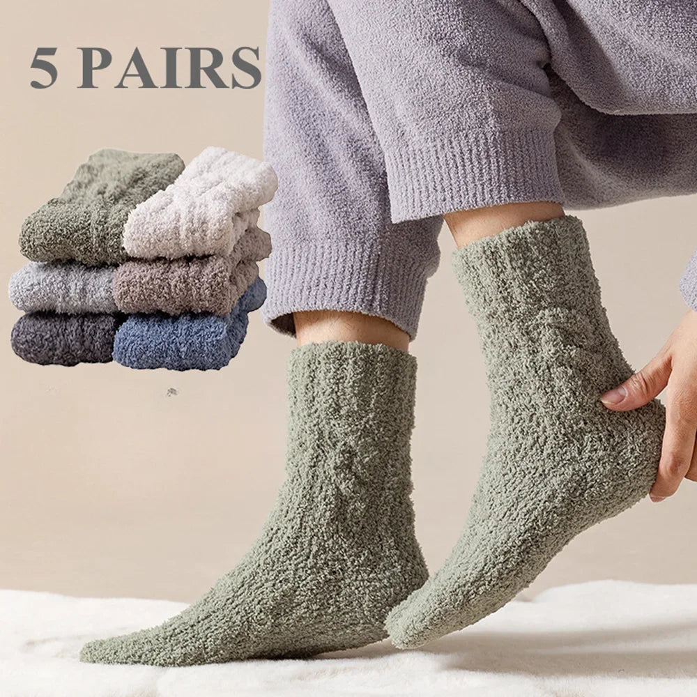 5 Pairs Thick Warm Winter Socks Men Coral Fleece Thermal High Quality Middle Tube Cozy Fluffy Sleeping Socks GlowCart