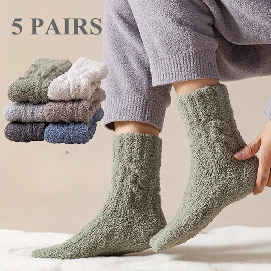 5 Pairs Thick Warm Winter Socks Men Coral Fleece Thermal High Quality Middle Tube Cozy Fluffy Sleeping Socks GlowCart