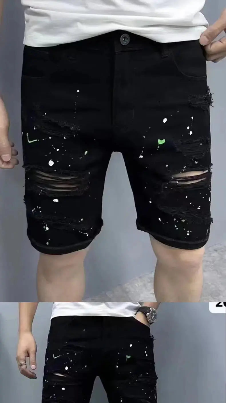 Summer Casual Men's Denim Shorts Korean Straight Washed Jeans Short Ins Ripped Cat Whisker Ink Splash Plaid Black Five-Pants GlowCart