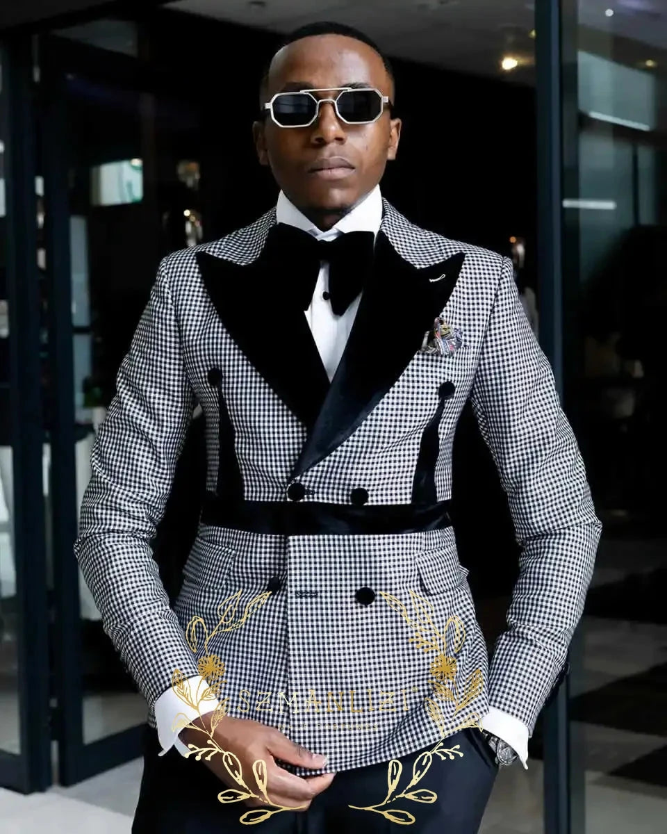 Latest Design Men's Suit Houndstooth Jacket Black Pants 2 GlowCart