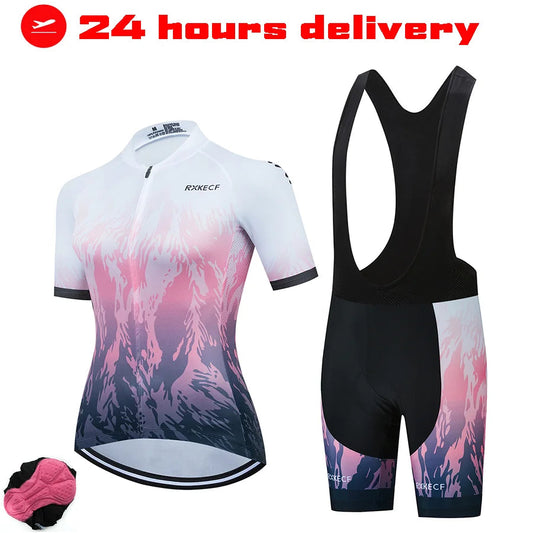 RXKECF Pro 2023 Woman Short Sleeve Cycling Jersey Set Sports Outfit Bike Clothing Kit Mtb Maillot Cyclist Bicycle Clothes GlowCart