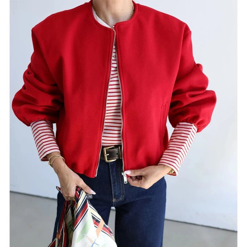 MUJER Red Zipper Bomber Jackets for Women Soft Cropped GlowCart