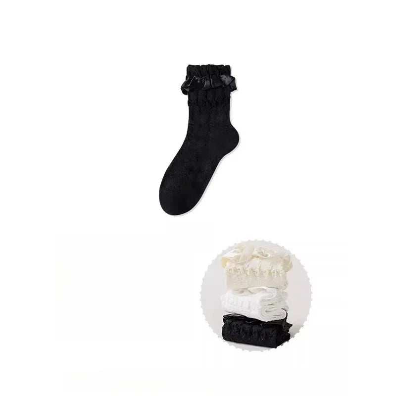 3 Pairs Woman Lolita Cute Black White Socks Set Spring GlowCart