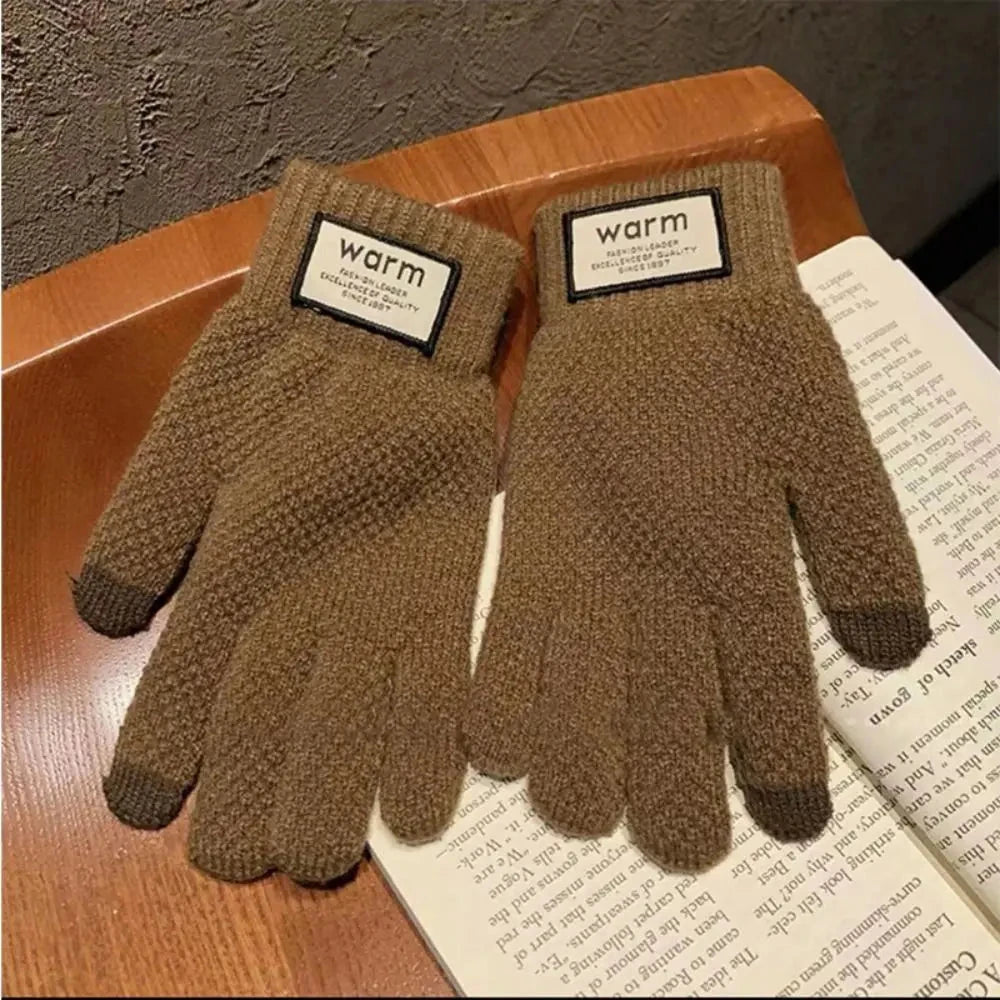 New Men Winter Warm Knitted Gloves Windproof Solid Color Touch Screen Gloves Thickened Plush Cycling Gloves GlowCart