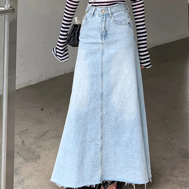 Autumn 2025 High Waist A-Line Denim Skirt for Women Y2K Style with Raw Hem Flared Maxi Bodycon Trend Retro GlowCart