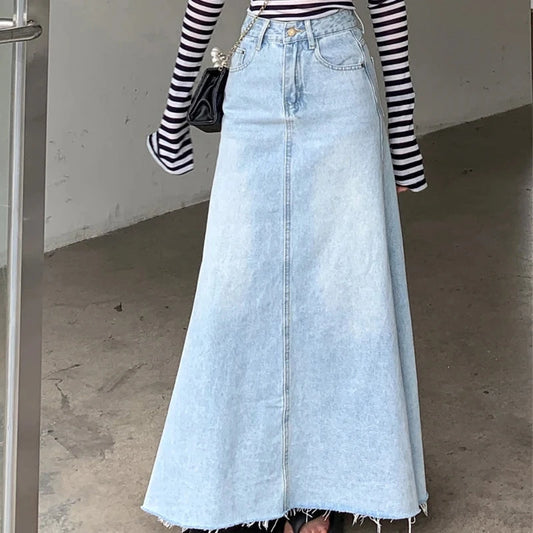 Autumn 2025 High Waist A-Line Denim Skirt for Women Y2K Style with Raw Hem Flared Maxi Bodycon Trend Retro GlowCart
