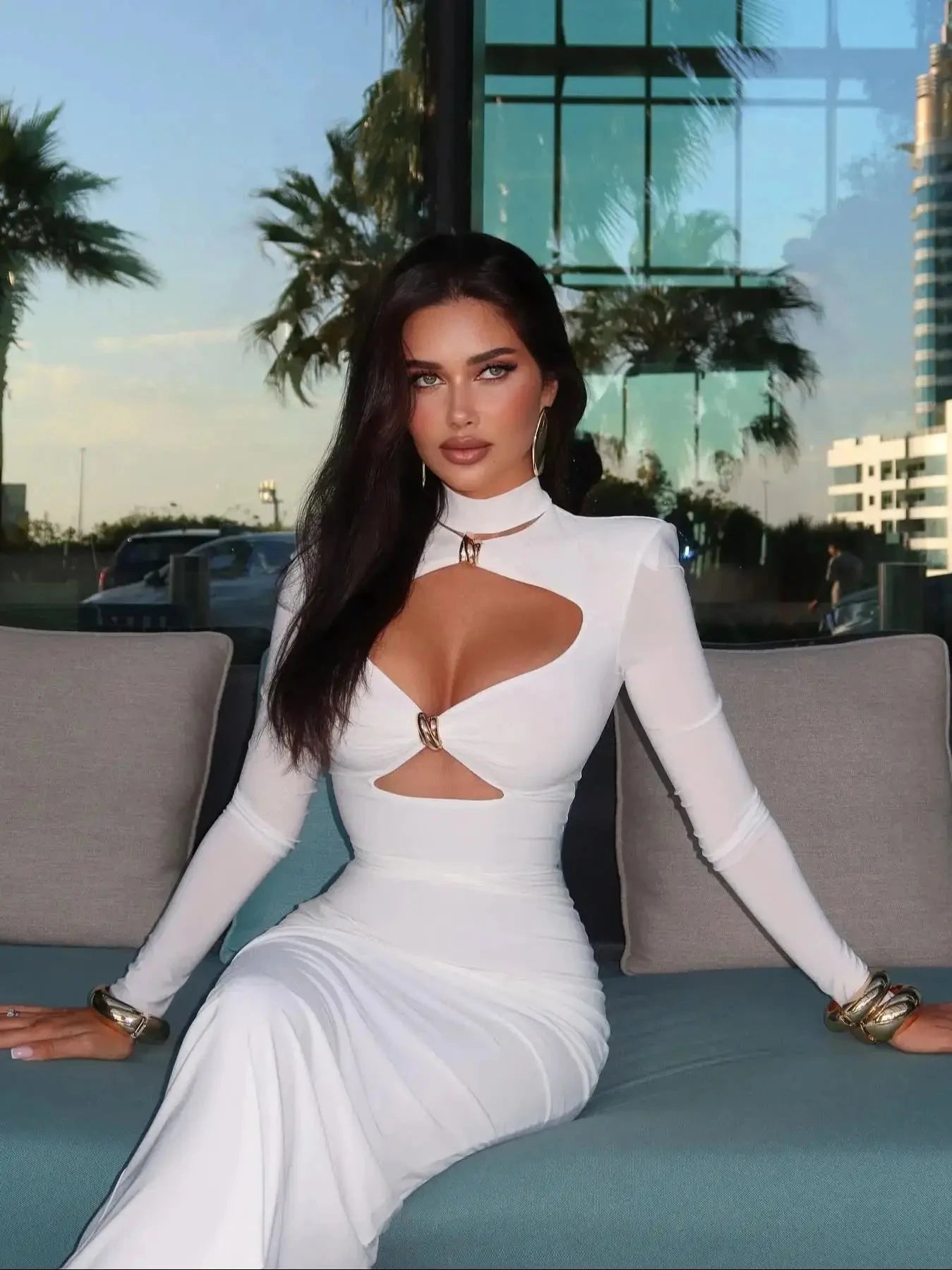 Cut Out Dress Women V Neck Long Sleeve Casual Column Dress GlowCart