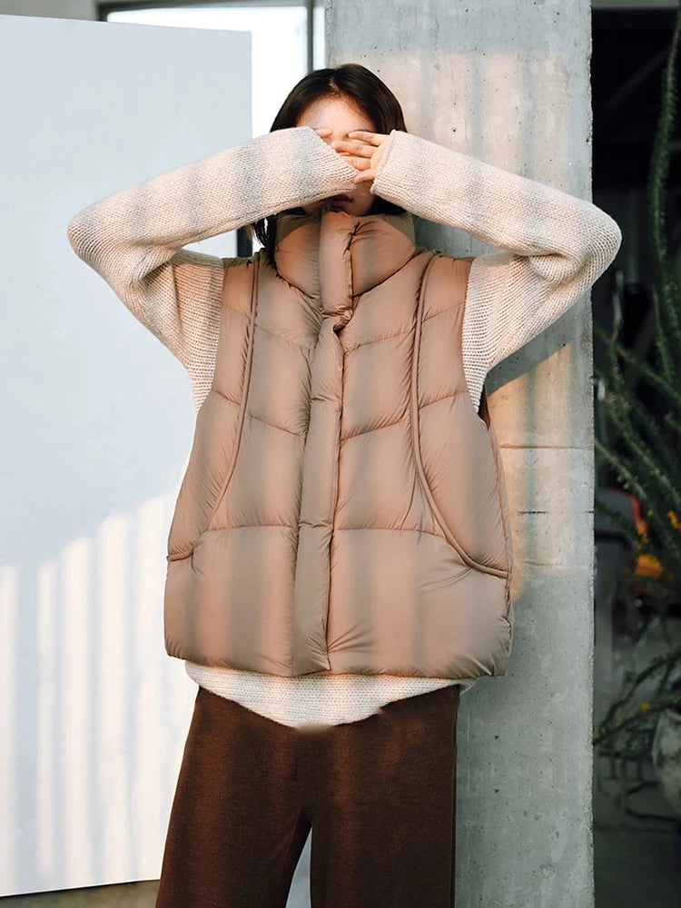 Autumn Winter Stand Collar Curved Puff Down Vest Women White GlowCart