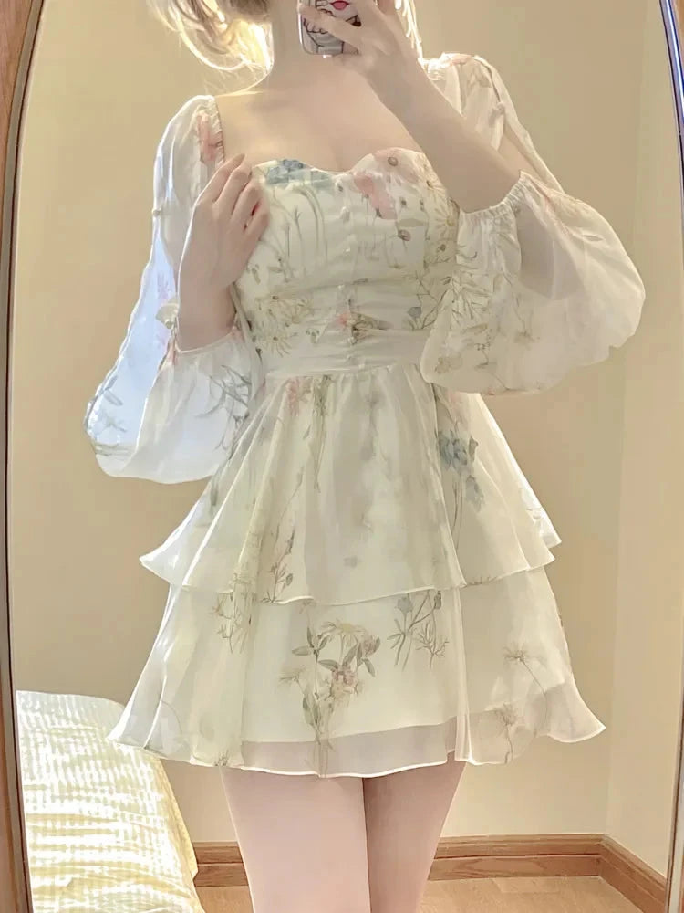 French Elegant Floral Mini Dress Chiffon Long Sleeve Evening GlowCart