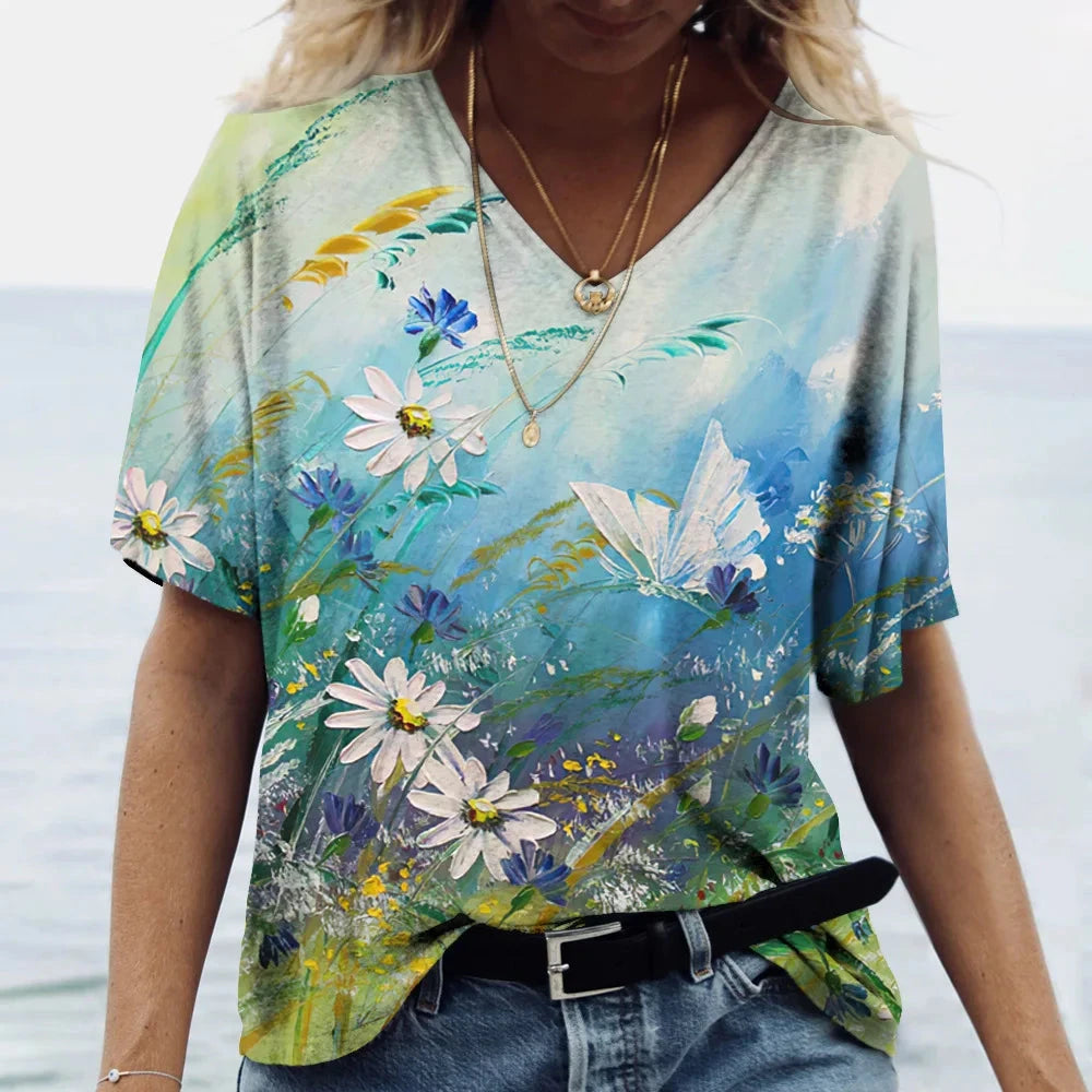 Women's T Shirts V-neck 3d Art Print Tops Loose Short Sleeve GlowCart