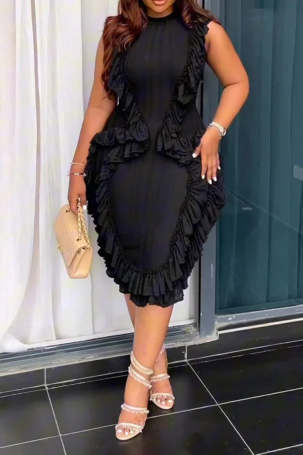 Women Plus Size Skinny Dress Round Neck Tassel Ruffle Hem