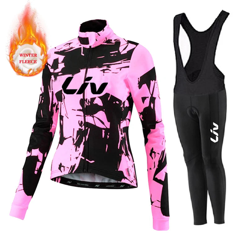 Liv Women Team Winter Fleece Long Sleeve Cycling Jersey Set Mountian Bicycle Clothes Wear Ropa Ciclismo Racing Bike Jersey Suit GlowCart