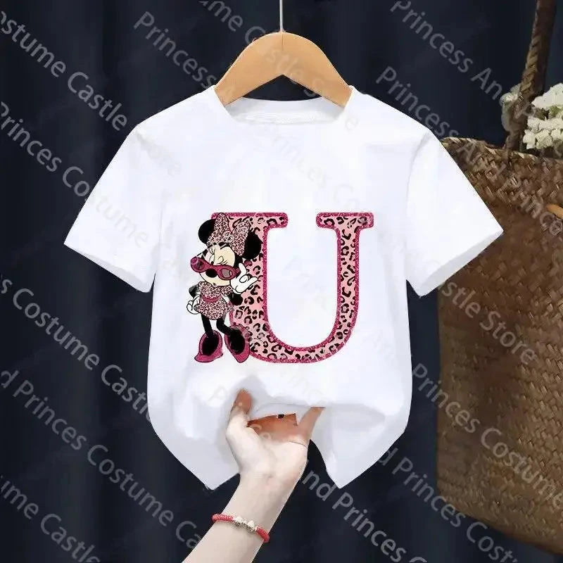Letter A-Z Minnie Children  T-Shirts Name Combination Disney Kawaii Cartoons Clothes Kids Little Boy Girl Tee Shirts Casua GlowCart