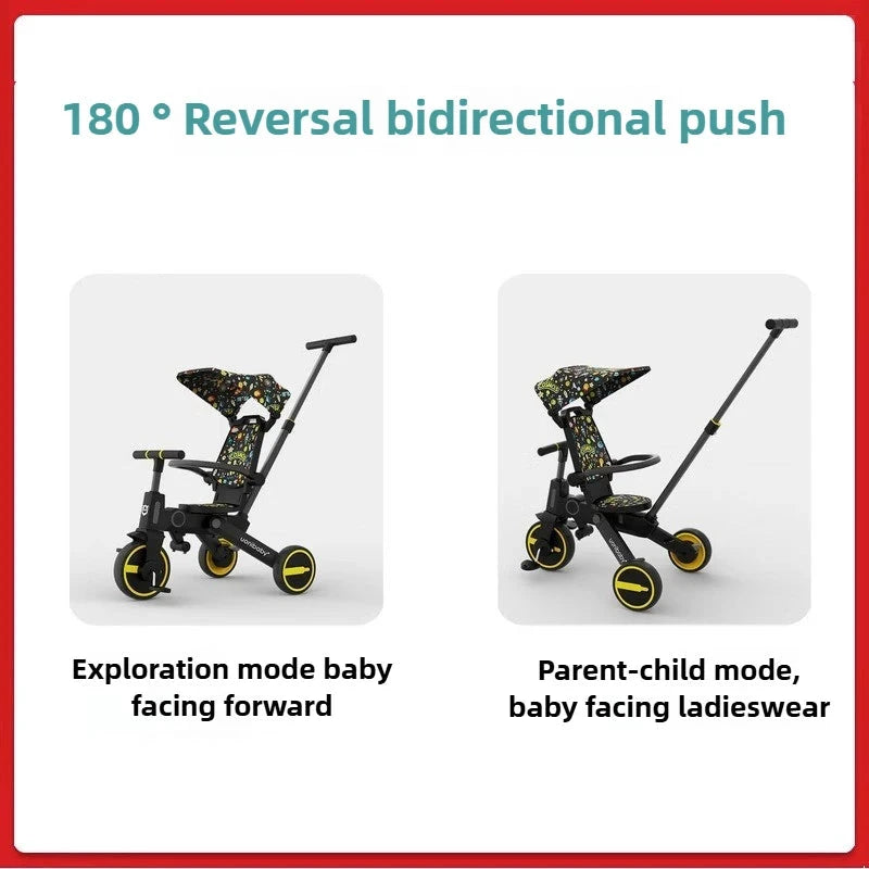 Children's Push Tricycle Baby Pedal Tricycle with Canopy Rideable and Swivel Foldable Baby Stroller GlowCart