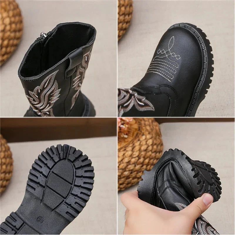 Children Leather Boots Classic Cowboy Embroidery Girls Long Booties Kids Winter Round Toe Soft Snow Shoes Fashion Snow Boots GlowCart