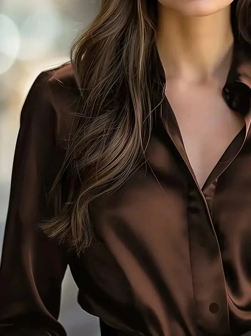 Elegant Black Satin Long Sleeve Blouse for Women  Button-Up GlowCart